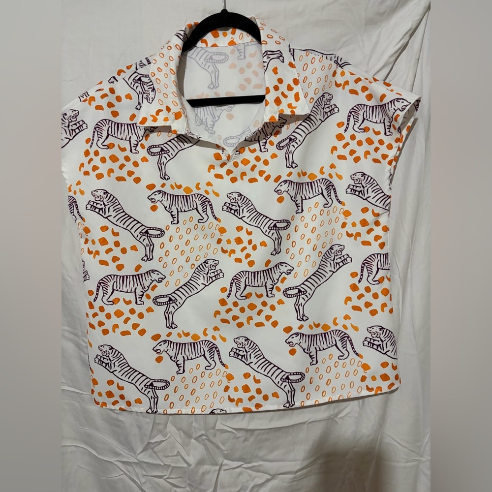 Women's White and Orange Tiger Print Top